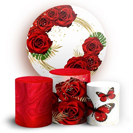 Capas Painel Redondo e Trio Cilindro Sublimado - Floral Borboleta Vermelha