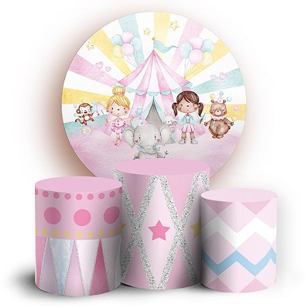 Capas Painel Redondo e Trio Cilindro Sublimado - Circo Rosa