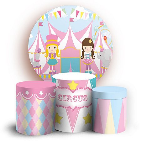Capas Painel Redondo e Trio Cilindro Sublimado - Circo Rosa