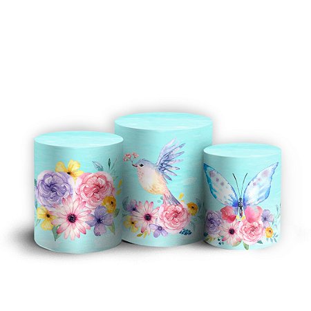 Capas Trio Cilindro Sublimado Vest Facil - Floral Passaros e Borboletas