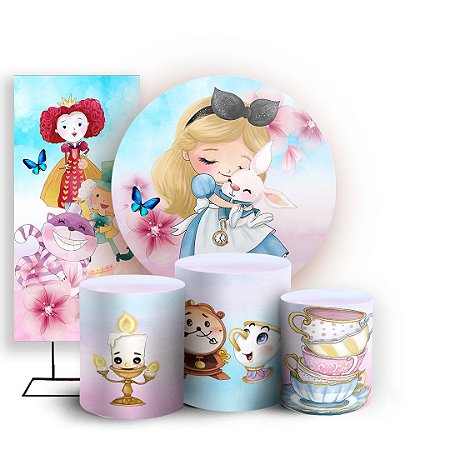 Capas Painel Redondo Trio Cilindro e Faixa Lateral Sublimado - Alice Pais das Maravilhas