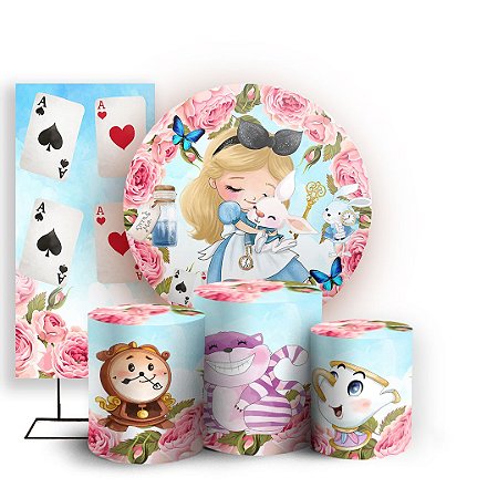 Capas Painel Redondo Trio Cilindro e Faixa Lateral Sublimado - Alice Pais das Maravilhas