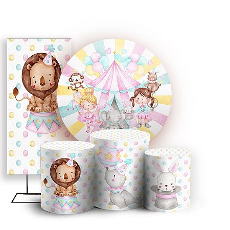 Capas Painel Redondo Trio Cilindro e Faixa Lateral Sublimado - Circo Rosa Aquarelado