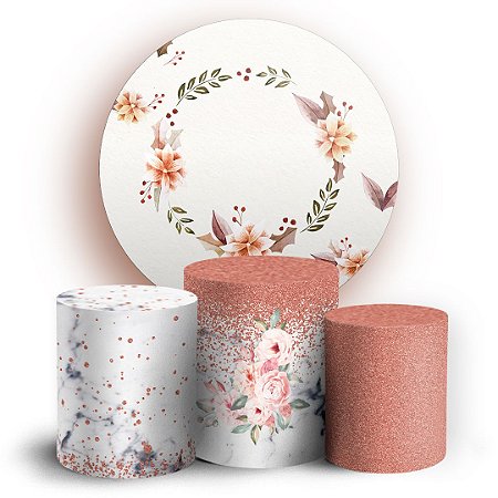 Capas Painel Redondo e Trio Cilindro Sublimado - Floral Glitter