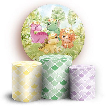 Capas Painel Redondo e Trio Cilindro Sublimado - Dinossauro Escama Revelacao