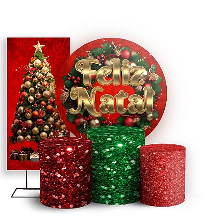 Capas Painel Redondo Trio Cilindro e Faixa Lateral Sublimado - Natal Ano Novo