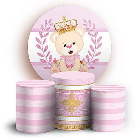 Capas Painel Redondo e Trio Cilindro Sublimado - Ursinha Realeza Rosa