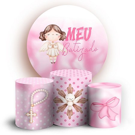 Capas Painel Redondo e Trio Cilindro Sublimado - Batizado Rosa