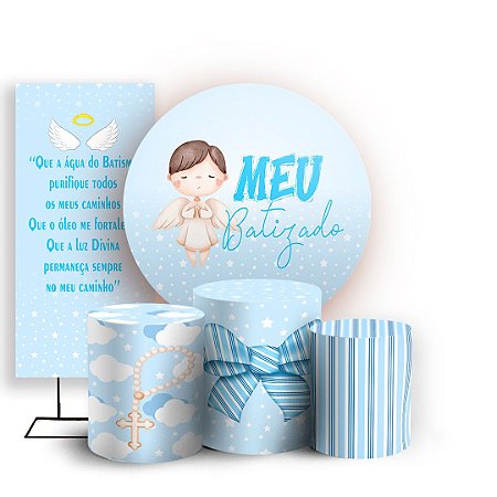 Capas Painel Redondo Trio Cilindro e Faixa Lateral Sublimado - Batizado Azul