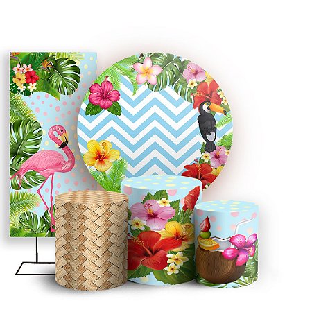Capas Painel Redondo Trio Cilindro e Faixa Lateral Sublimado - Tropical Azul