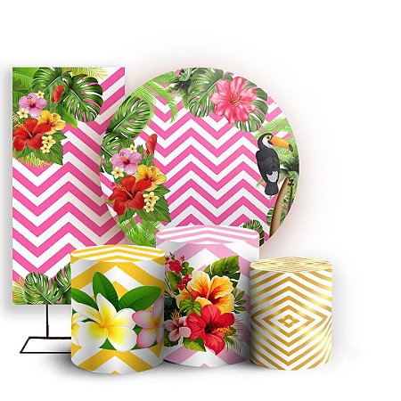 Capas Painel Redondo Trio Cilindro e Faixa Lateral Sublimado - Tropical Rosa