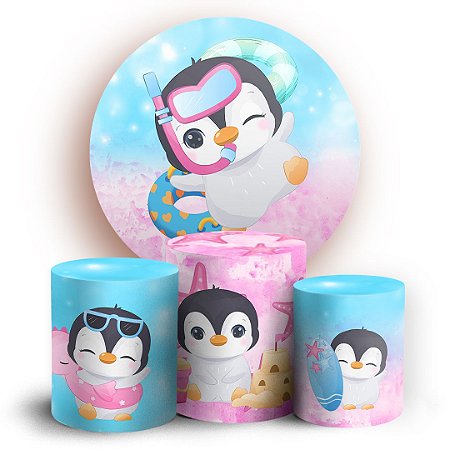 Capas Painel Redondo e Trio Cilindro Sublimado - Pinguin Piscina Pool Party
