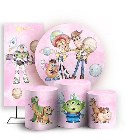 Capas Painel Redondo Trio Cilindro e Faixa Lateral Sublimado - Toy Story Rosa
