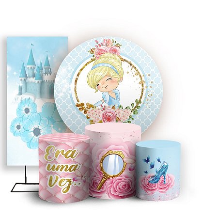 Capas Painel Redondo Trio Cilindro e Faixa Lateral Sublimado - Cinderela Princesas