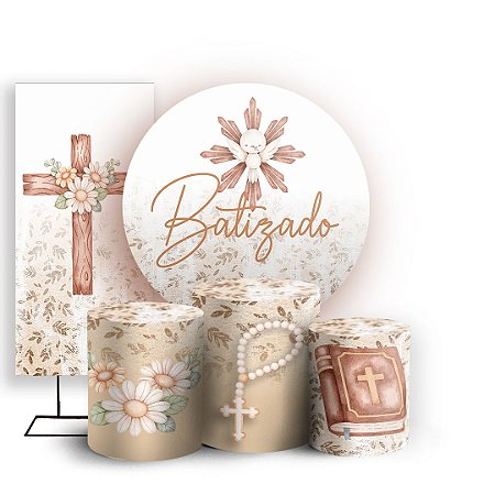 Capas Painel Redondo Trio Cilindro e Faixa Lateral Sublimado - Batizado