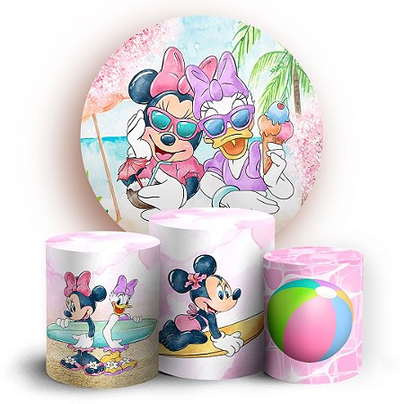 Capas Painel Redondo e Trio Cilindro Sublimado - Minnie Pool Party