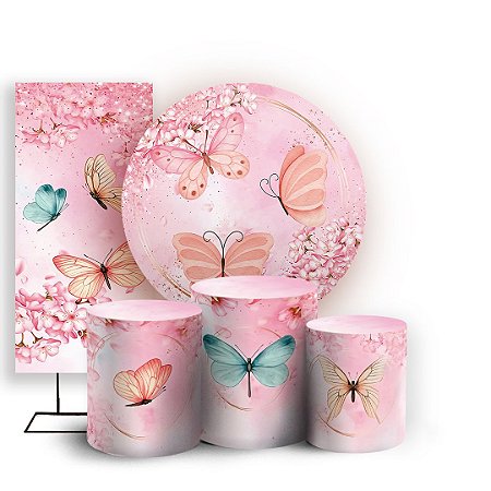 Capas Painel Redondo Trio Cilindro e Faixa Lateral Sublimado - Borboletas