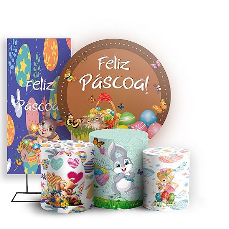 Capas Painel Redondo Trio Cilindro e Faixa Lateral Sublimado - Feliz Pascoa