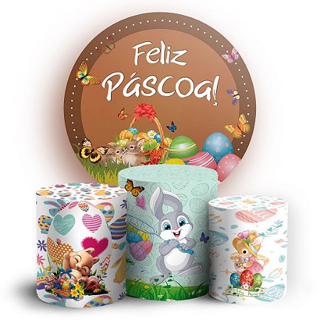Capas Painel Redondo e Trio Cilindro Sublimado - Feliz Pascoa