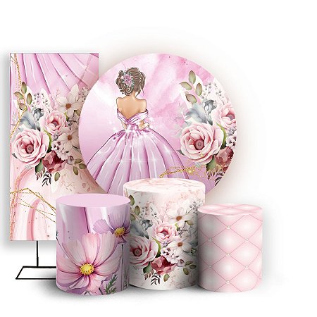 Capas Painel Redondo Trio Cilindro e Faixa Lateral Sublimado - 15 Anos Floral