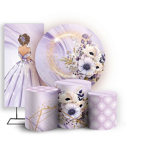 Capas Painel Redondo Trio Cilindro e Faixa Lateral Sublimado - 15 Anos Floral