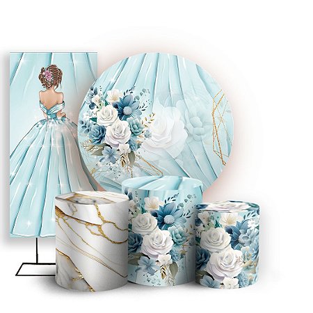 Capas Painel Redondo Trio Cilindro e Faixa Lateral Sublimado - 15 Anos Floral