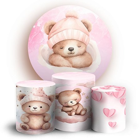 Capas Painel Redondo e Trio Cilindro Sublimado - Ursinha Rosa