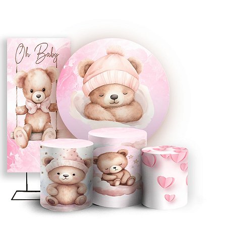 Capas Painel Redondo Trio Cilindro e Faixa Lateral Sublimado - Ursinha Rosa