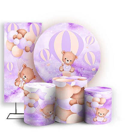 Capas Painel Redondo Trio Cilindro e Faixa Lateral Sublimado - Ursinha Lilas