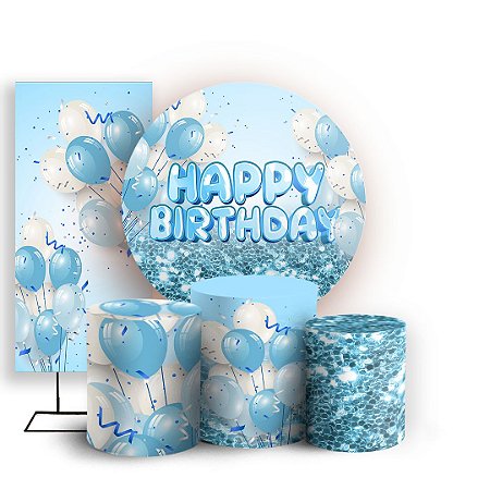 Capas Painel Redondo Trio Cilindro e Faixa Lateral Sublimado - Feliz Aniversario