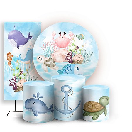 Capas Painel Redondo Trio Cilindro e Faixa Lateral Sublimado - Fundo Do Mar