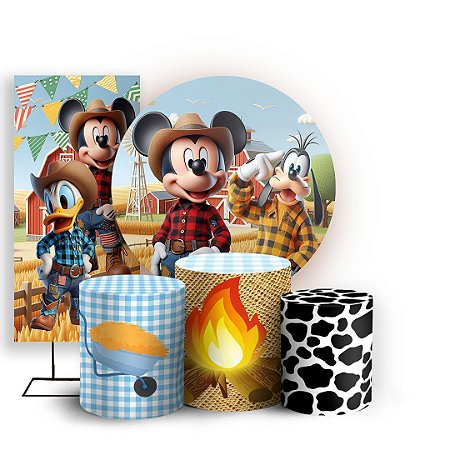 Capas Painel Redondo Trio Cilindro e Faixa Lateral Sublimado - Mickey Fazendinha