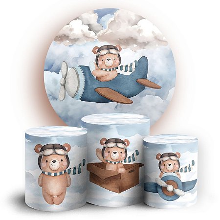 Capas Painel Redondo e Trio Cilindro Sublimado - Ursinho Aviador