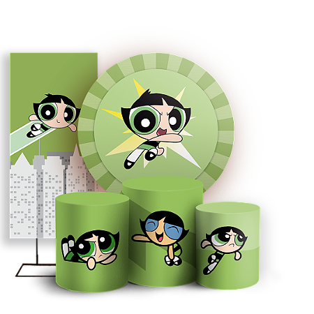 Capas Painel Redondo Trio Cilindro e Faixa Lateral Sublimado - Docinho As Meninas Super Poderosas