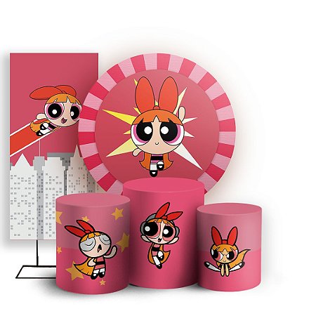 Capas Painel Redondo Trio Cilindro e Faixa Lateral Sublimado - Florzinha As Meninas Super Poderosas