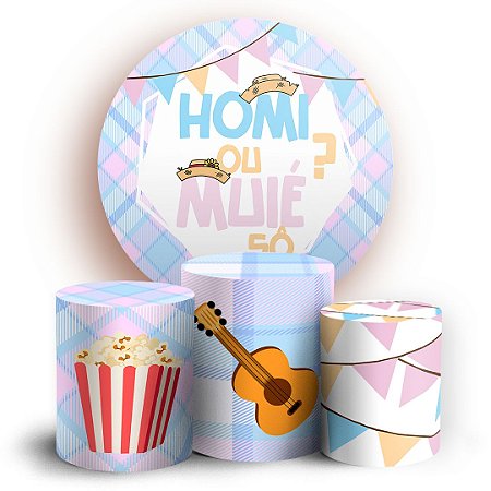 Capas Painel Redondo e Trio Cilindro Sublimado - Cha Revelacao Festa Junina