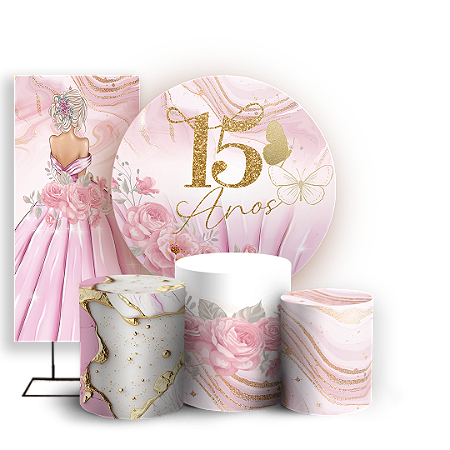 Capas Painel Redondo Trio Cilindro e Faixa Lateral Sublimado - 15 Anos