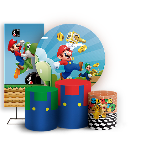 Capas Painel Redondo Trio Cilindro e Faixa Lateral Sublimado - Super Mario