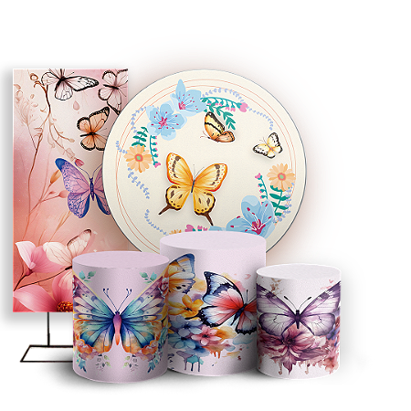 Capas Painel Redondo Trio Cilindro e Faixa Lateral Sublimado - Borboletas