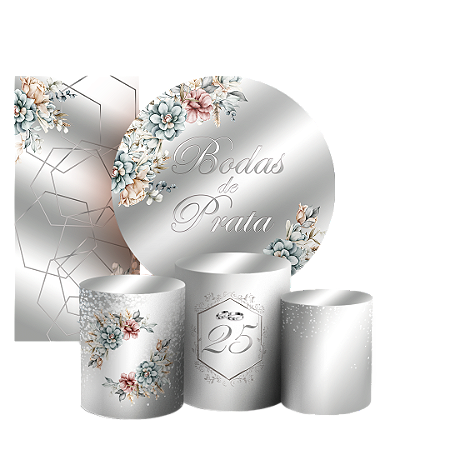 Capas Painel Redondo Trio Cilindro e Faixa Lateral Sublimado - Bodas de Prata