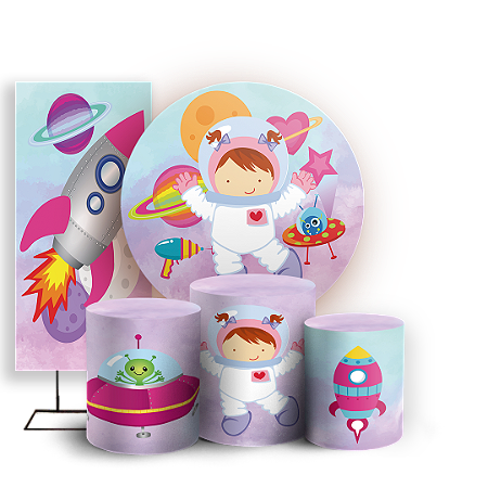 Capas Painel Redondo Trio Cilindro e Faixa Lateral Sublimado - Astronauta Rosa