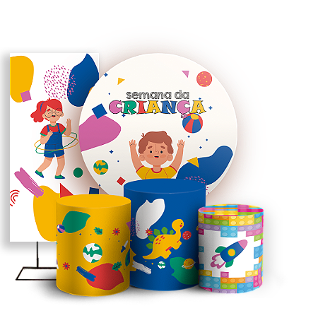 Capas Painel Redondo Trio Cilindro e Faixa Lateral Sublimado - Dia das Criancas