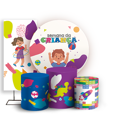 Capas Painel Redondo Trio Cilindro e Faixa Lateral Sublimado - Dia das Criancas