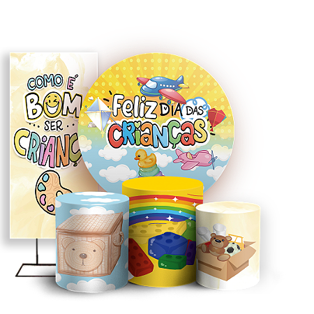 Capas Painel Redondo Trio Cilindro e Faixa Lateral Sublimado - Dia Das Criancas