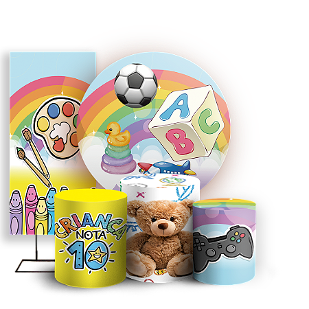 Capas Painel Redondo Trio Cilindro e Faixa Lateral Sublimado - Dia Das Criancas