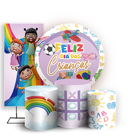 Capas Painel Redondo Trio Cilindro e Faixa Lateral Sublimado - Dia Das Criancas