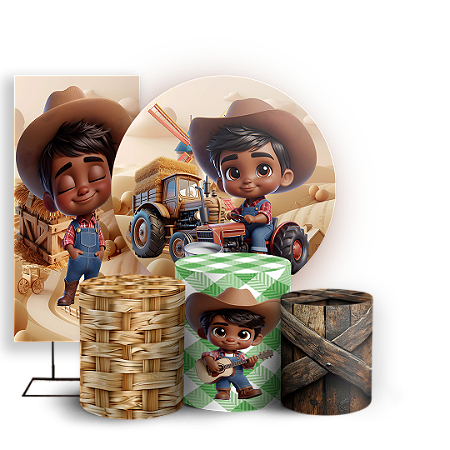 Capas Painel Redondo Trio Cilindro e Faixa Lateral Sublimado - Fazendinha Menino