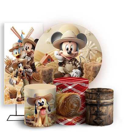 Capas Painel Redondo Trio Cilindro e Faixa Lateral Sublimado - Mickey Fazendinha