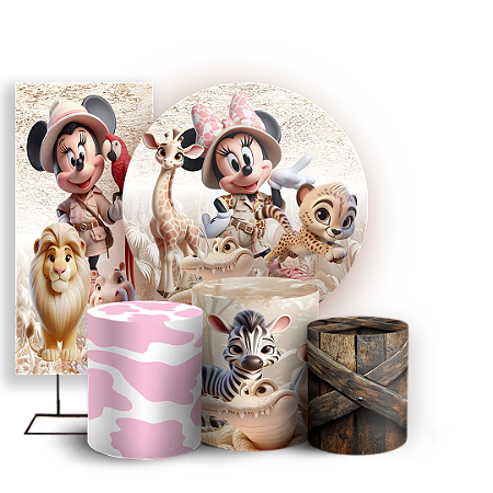 Capas Painel Redondo Trio Cilindro e Faixa Lateral Sublimado - Minnie Safari