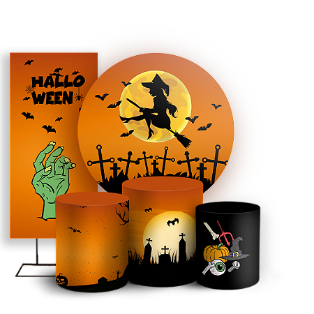 Capas Painel Redondo Trio Cilindro e Faixa Lateral Sublimado - Dia das Bruxas Halloween